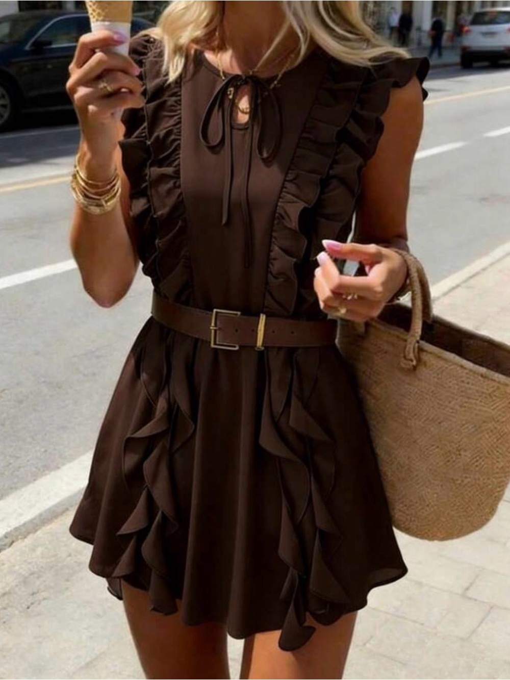 Ruffled Sleeveless Mini Dress Chocolate Brown (Belt not Included)